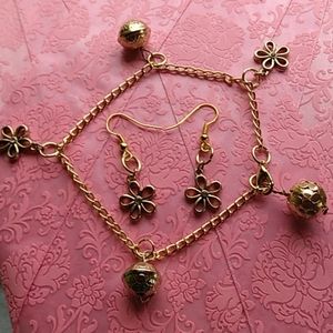 Gold Flower Charm bracelet and earrings set